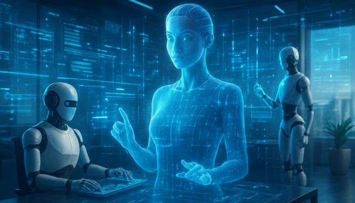 Holographic AI assistant managing business workflows with robots and data streams in high-tech office.
