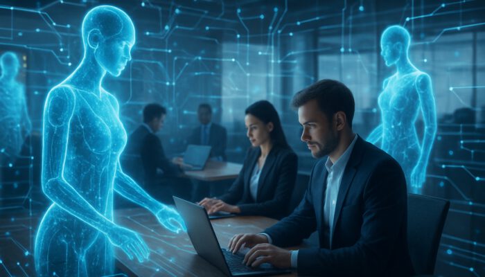 Holographic AI assistants in futuristic office, automating tasks for human workers amid glowing networks.
