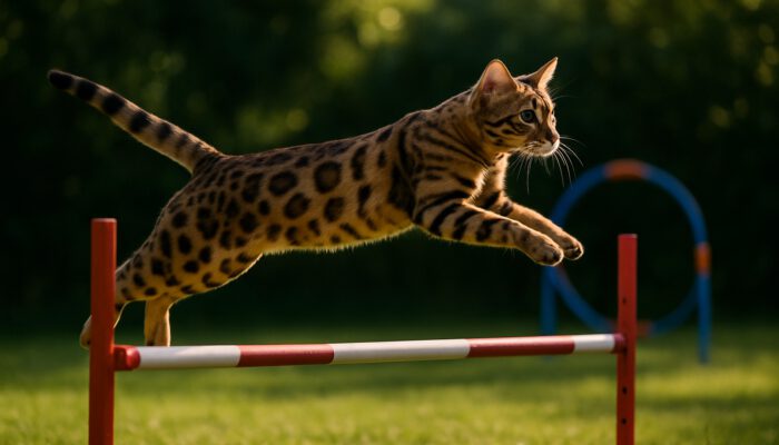 Bengal cat with golden spots leaping agility course in sunlit garden.