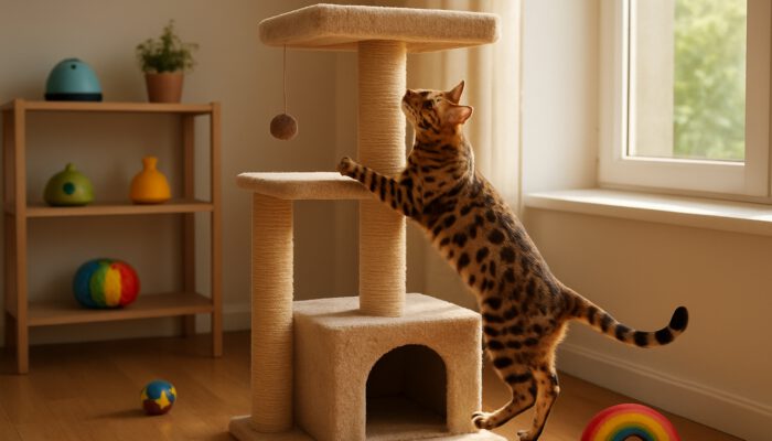 Bengal cat climbing multi-level cat tree, surrounded by toys in sunlit apartment.