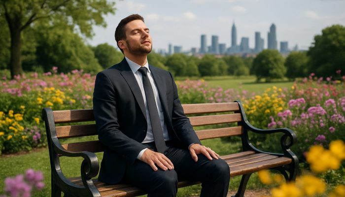 Taking a Brief Pause Without Giving Up: Building Resilience | DCL Stressed professional pausing on UK park bench, eyes closed amid flowers and city skyline.