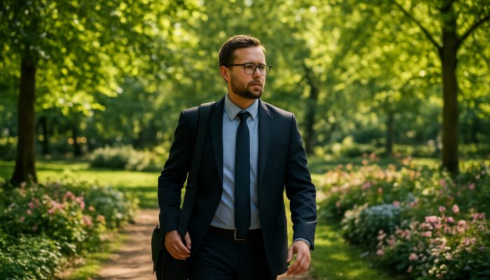 Taking a Brief Pause Without Giving Up: Building Resilience | DCL Busy professional walking in a lush UK urban park with trees, flowers, and sunlight filtering through leaves.