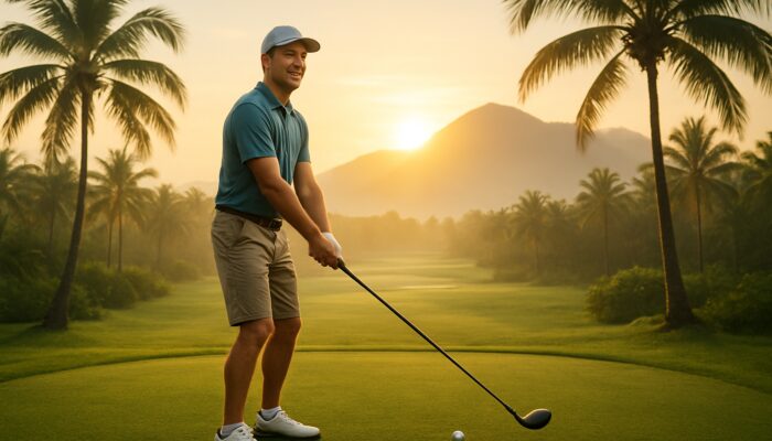 Novice golfer teeing off at dawn on a lush, palm-lined course with misty mountains.