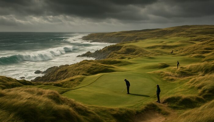 Golfers on a wind-swept South African Links course, navigating rugged terrain under stormy skies and crashing waves.