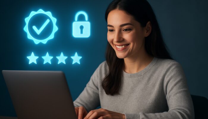 Confident customer smiling while online shopping, surrounded by verified badges, positive reviews, and secure locks.