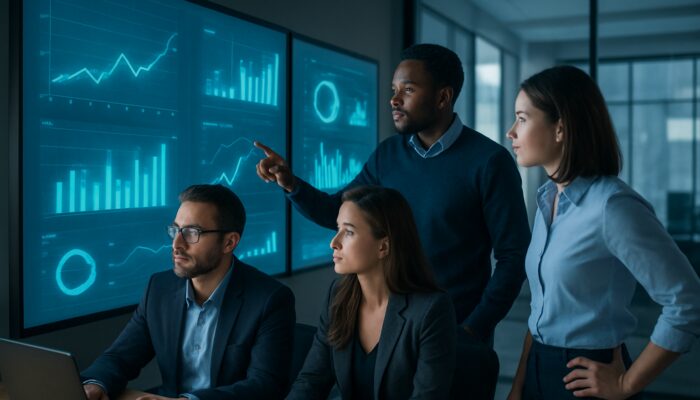 Analysts in modern office reviewing customer feedback graphs and trust metrics on digital screens.