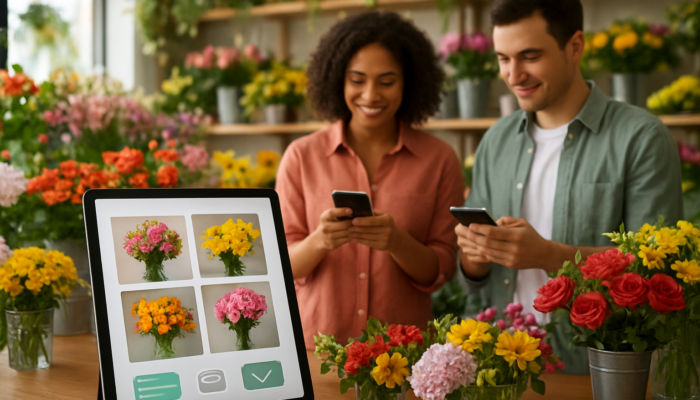 Vibrant florist shop: Tablet displays mobile e-commerce interface with real-time stock updates and customers browsing flowers on phones.