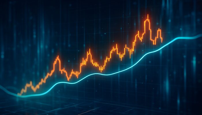 Futuristic cryptocurrency chart with neon SMA overlay on fluctuating prices.