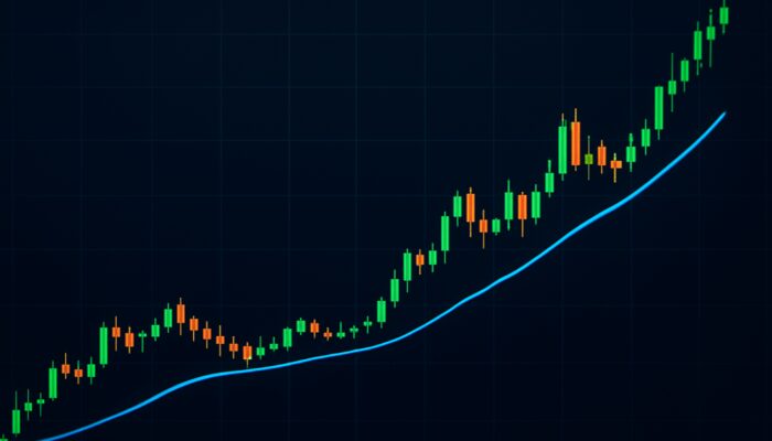 Bitcoin price chart with blue SMA line showing upward crypto trends on dark screen.