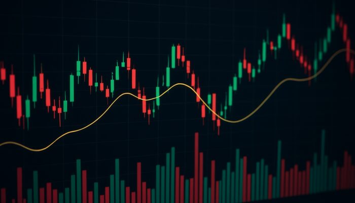 Chaotic stock market chart with wavy SMA line, fluctuating prices, and sparse volume bars.
