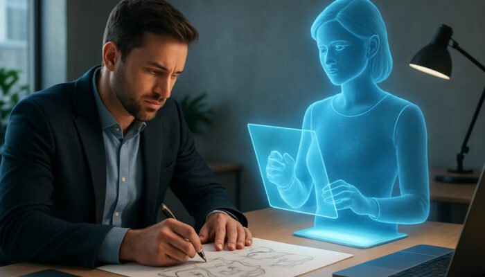Entrepreneur sketches ideas at modern desk while holographic VA manages inquiries.