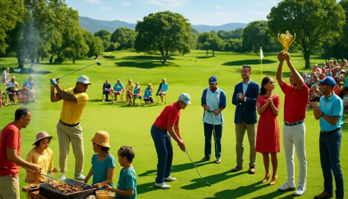 South African golf tournament: diverse players competing on lush green course with families at barbecue and prize ceremony.