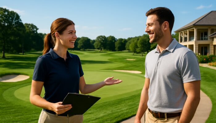 Newcomer welcomed at lush golf club, touring verdant fairways and discussing membership with smiling staff.