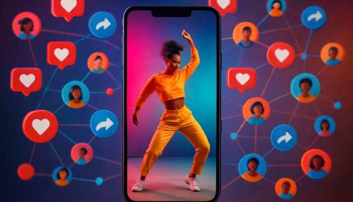 Vibrant TikTok in-feed ad on smartphone: Dancer going viral with exploding likes, shares, and diverse users connecting.