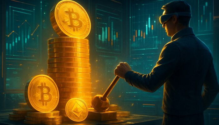 Futuristic trader pulling lever to multiply Bitcoin and Ethereum stacks in high-tech crypto hub.