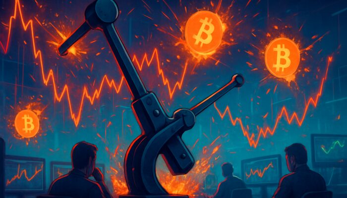 Chaotic crypto market: Levers amplify volatile Bitcoin charts, exploding symbols, traders monitoring in neon frenzy.