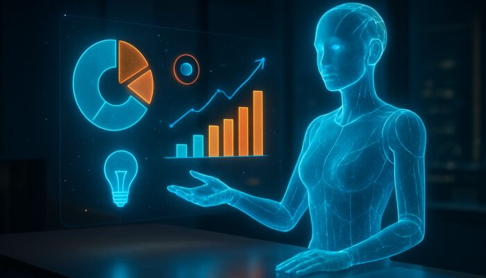 Futuristic AI assistant enhancing pitch deck slides with glowing charts and animations.