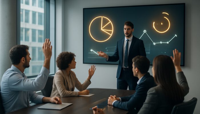 Presenter delivering pitch deck in conference room with engaged audience and glowing metrics graphs.