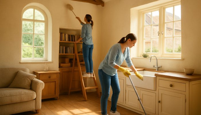 Sunlit English cottage in Queen Camel: person decluttering shelves, dusting ceilings, and scrubbing kitchen sink.