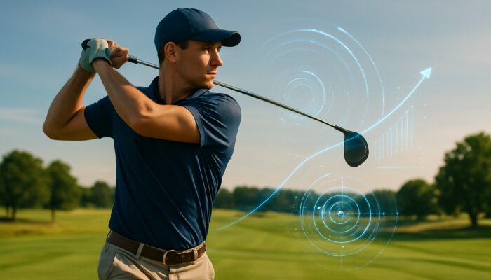 Golfer mid-swing with high-tech analyzer, showing holographic data for improved trajectory and speed.
