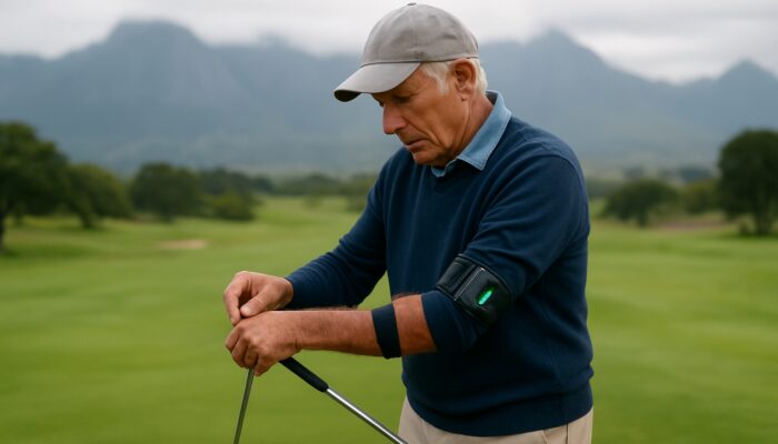Elderly golfer analyzes swing with device on Western Cape course, misty mountains in background.