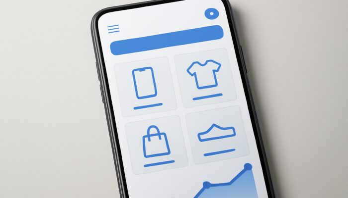 Sleek smartphone displaying optimized e-commerce site with fast navigation, product grids, and rising SEO graphs.