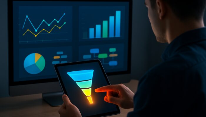 Analyst optimizing mobile sales funnel on tablet with vibrant dashboard graphs of click-through rates and session durations.