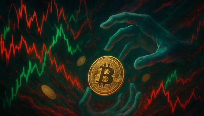 Chaotic crypto trading: Volatile price charts fracturing into red and green waves, Bitcoin coins slipping through ethereal fingers.