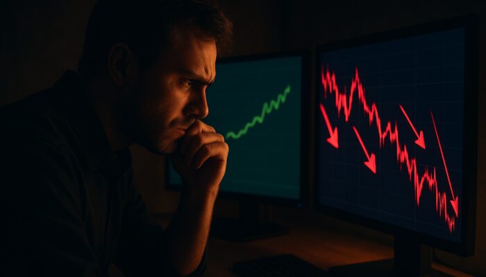 Tense crypto trader staring at dual screens: stable Bitcoin prices and volatile charts with red slippage arrows.