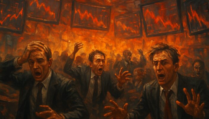 Chaotic crypto trading floor: panicked traders amid flickering screens showing distorted price charts during a market crash.