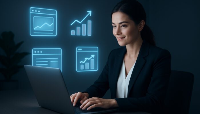 Professional virtual assistant sending emails with website icons and trending graphs for guest posting outreach.