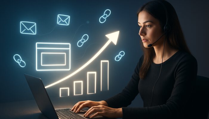 Virtual assistant managing emails and backlinks as website climbs SEO ladder.