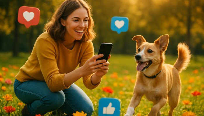 Joyful pet owner photographing playful dog in sunlit park, surrounded by flowers and social media icons.