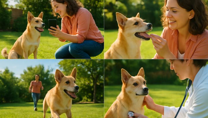 Playful dog with owner in sunny backyard, capturing feeding, exercise, and vet check-up moments.