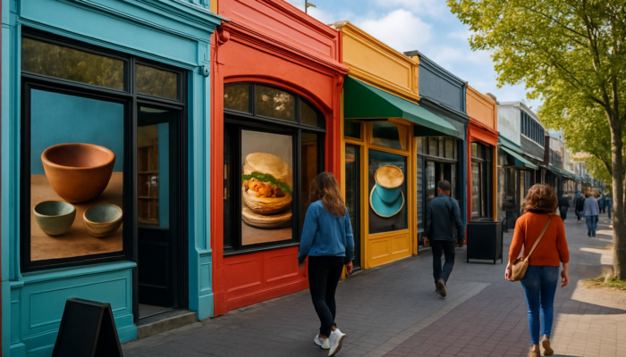 Bustling Christchurch street with colorful small business storefronts and digital screens showcasing local crafts and cafes.