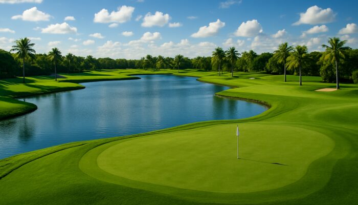 Lush fairways and shimmering water hazards on Florida's Blue Monster golf course under a bright sky.