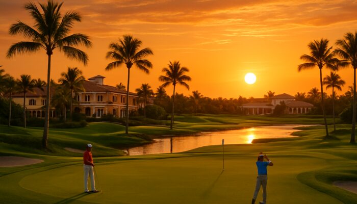 Luxurious Florida golf resort at sunset with emerald fairways, palm trees, and golfers.