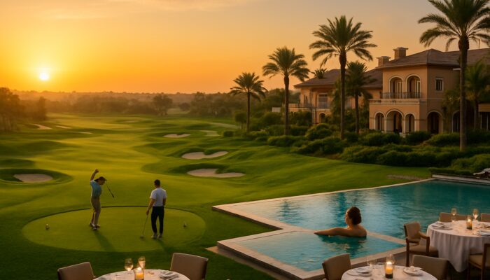 Luxurious golf resort at dawn: emerald fairways, golfers teeing off, and guests relaxing by spa pool.