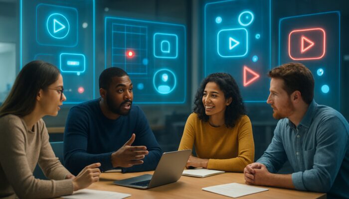 Team brainstorming video strategy in modern office with YouTube and TikTok screens.