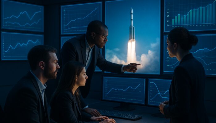 Team analyzes video launch data on glowing screens in control room with charts.