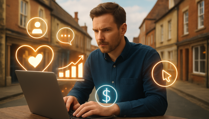Devizes business owner analysing digital marketing budget on laptop with social media icons and growth charts.