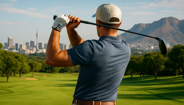 Golfer swings club on Sun City's green fairway, wearing Garmin tracker, with Johannesburg skyline and mountains behind.
