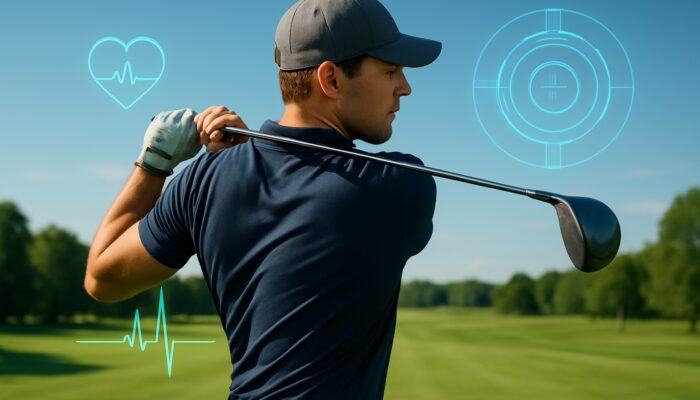 Professional golfer mid-swing on fairway, wearing fitness tracker displaying heart rate and swing metrics.