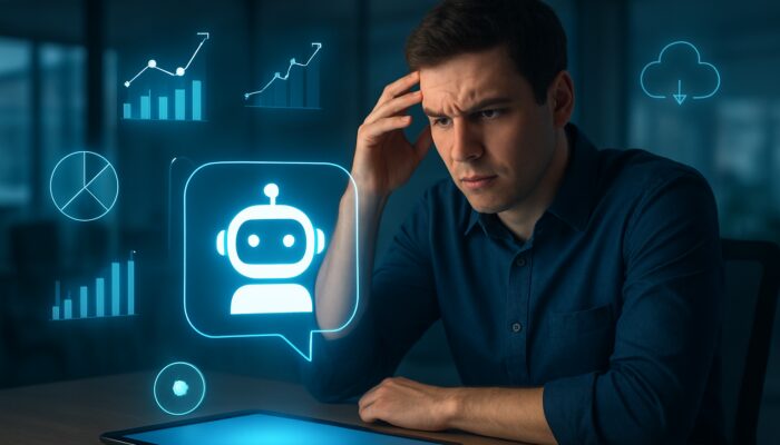 AI chatbot interface on glowing screen assisting customer with complex queries in high-tech office.