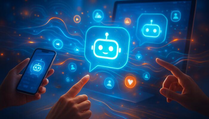 Holographic AI chatbot interface with users on web, mobile, and social media, featuring data streams and vibrant icons.