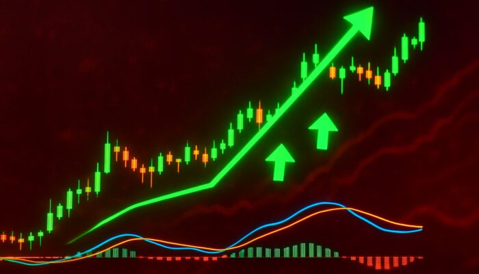 Bitcoin MACD chart: line crosses above signal, green up arrows signal buy during surging rally.
