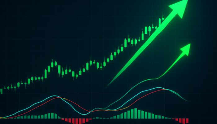 Bitcoin MACD chart showing crossing lines and green upward arrows during price surge.