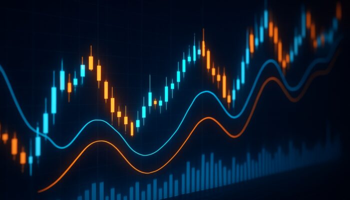 Dynamic crypto trading screen with MACD lines, volatile price waves, and glowing backtesting charts.