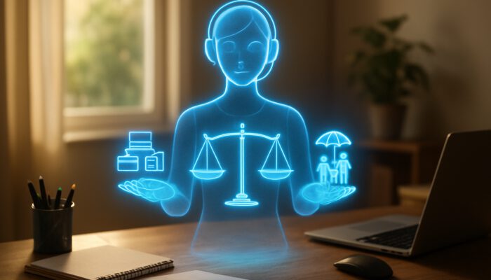 Holographic virtual assistant balances work icons and leisure symbols on a glowing scale in a sunlit room.