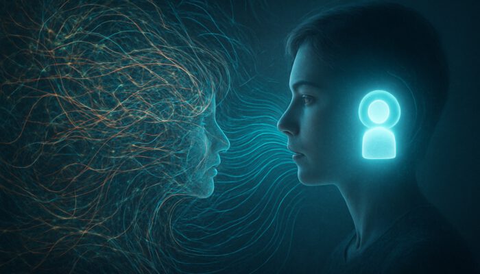A luminous virtual assistant organising chaotic data streams for enhanced mental clarity.
